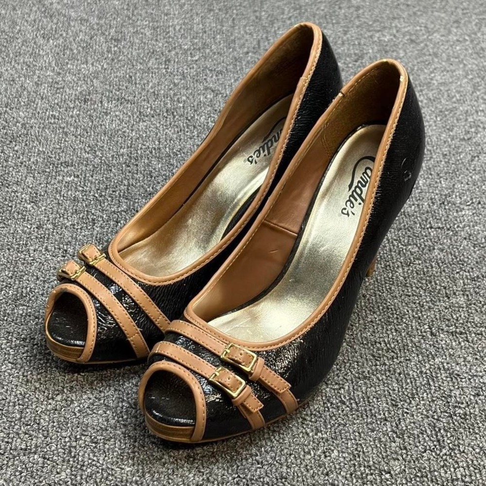 Women's Candie's Black & Tan Slip On Heels with Buckle Detailing Size 9 M